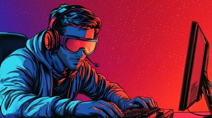 Young gamer intensely focusing on gameplay in a colorful gaming setup