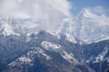 Himalayas mountain range, Spectacular and Mesmerizing landscape, view of the mystical land of Kumaun, near Munsiyari, Pithoragarh, Uttarakhand, India. Background, cover, copy space, soft focus