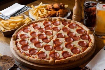 Large Pizza with Melted Cheese and Fast Food: A Mouthwatering Image Celebrating Comfort Food, Perfect for Sharing with Friends and Family, Capturing the Indulgent Appeal of a Delicious Meal