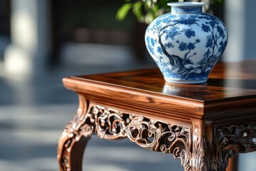 A wooden table with intricate carvings showcases a blue and white vase, highlighting elegant design and decor aesthetics in a tranquil setting.
