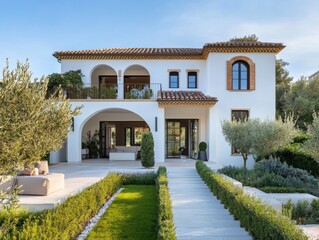 Fototapeta premium A charming Mediterranean-style villa surrounded by lush greenery, featuring arched doorways, large windows, and a welcoming garden path.