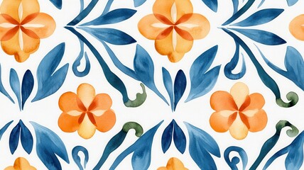 A vibrant floral pattern featuring orange flowers and blue leaves on a white background, showcasing a delicate watercolor design.