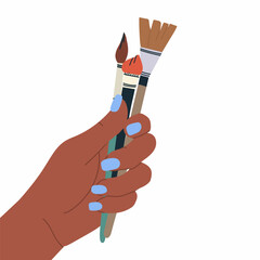 Paint brushes kit for drawing in hand . Painting tools, art supplies. Thick and thin bristles set. Paintbrushes of different size, shape, type, kind. Flat vector illustration isolated.