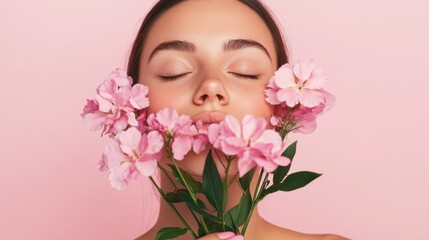 Fototapeta premium A serene, close-up portrait of a woman with closed eyes, gently holding pink flowers against a soft pink background.
