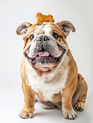 Obraz premium Lively Bulldog with a rubber bone perched on its head, looking towards the camera with a smiley emoticon, full-body pet portrait against a pure white background.