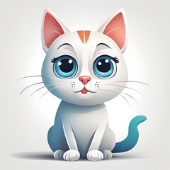 Obraz premium A cute white kitten with blue eyes, orange markings on its head, and a teal tail. It sits with a sweet expression, big ears, and long whiskers, creating an adorable and playful scene.