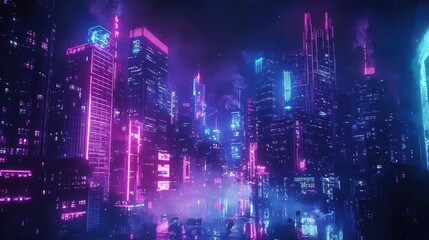 Obraz premium Neon Cityscape at Night with Glowing Pink Lights