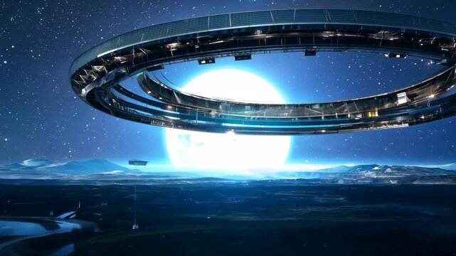 Exploring a futuristic space station orbiting a distant giant blue planet in a stunning cosmic landscape