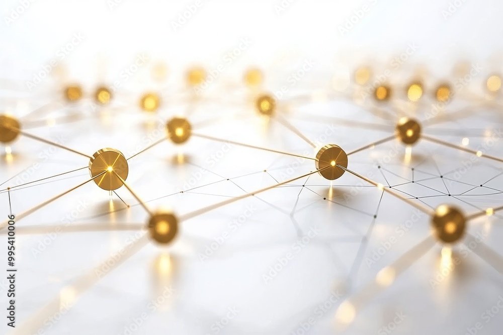 Poster golden interconnected nodes in a digital network symbolizing data communication advanced telecommuni