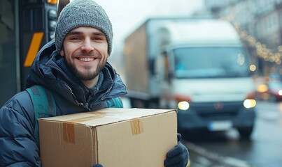 Smiling delivery worker holding a package on a city street