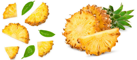 sliced pineapple with green leaves isolated on white background. exotic fruit. clipping path