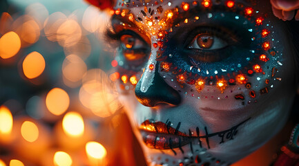 Closeup Illustration of a Woman's Face with Glittery Makeup and Bokeh Lights