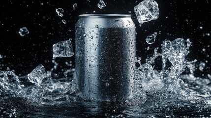 A floating aluminum can surrounded by splashing water and ice cubes, set against a dramatic black background.