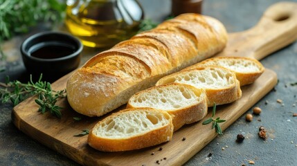 Naklejka premium A fresh baguette sliced on a wooden cutting board, accompanied by olive oil, balsamic vinegar, and herbs.
