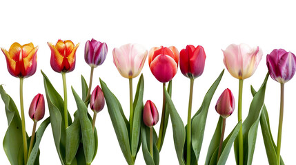Tulips flower with leaves isolated on transparent background, png