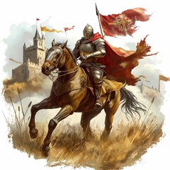 Naklejka premium A valiant knight charges into battle, clad in shining armor, on a gallant steed, wielding a spear. The scene is set against a castle backdrop, evoking valor, adventure, and medieval glory.