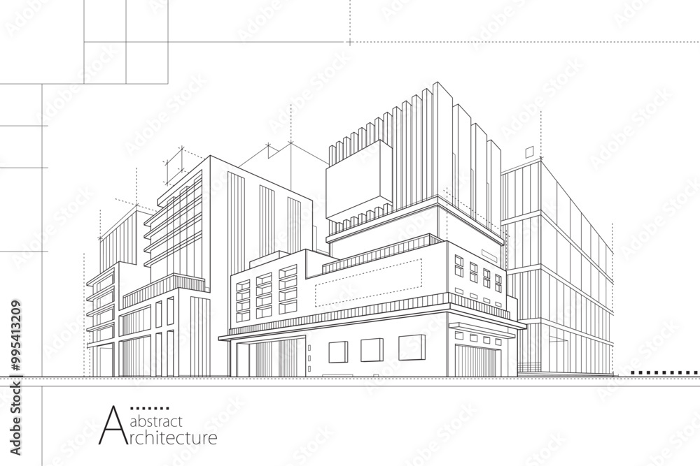 Poster 3d illustration abstract urban building out-line drawing of imagination architecture building constr