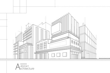 3D illustration abstract urban building out-line drawing of imagination architecture building construction design.