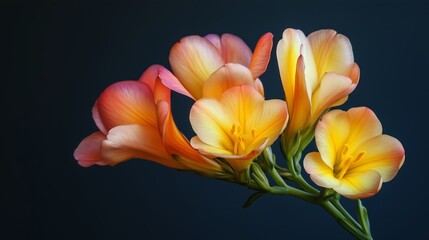 Obraz premium Colorful freesia flowers in bloom against a dark background, showcasing their vibrant petals and delicate shape