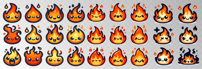 Obraz premium Set of fire cartoon character vector illustration on transparent png background.