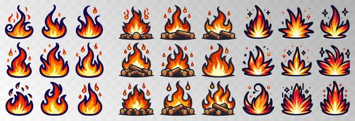 Set of fire cartoon character vector illustration on transparent png background.