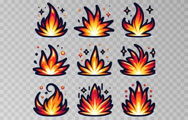 Set of fire cartoon character vector illustration on transparent png background.