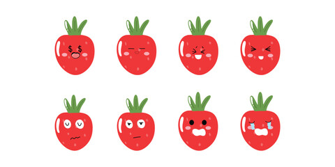 set of kawaii strawberry emoticon sticker isolated on white background. strawberry cute expression face