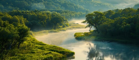 Obraz premium A serene river meanders through lush greenery under a misty sky, evoking tranquility.