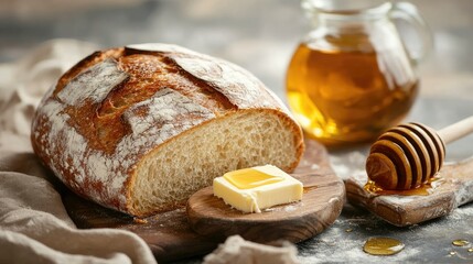 A fresh loaf of sourdough bread with a crispy golden crust, served with butter and honey.