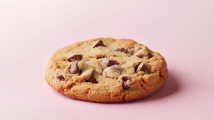 Delicious chocolate chip cookie on a pastel pink background.