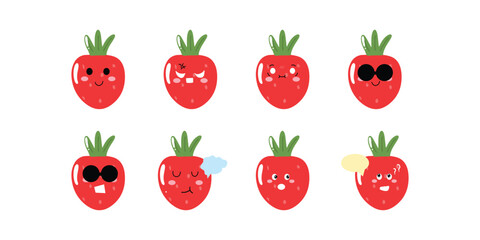set of kawaii strawberry emoticon sticker isolated on white background. strawberry cute expression face