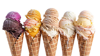 Waffle cones with an assortment of ice cream flavors isolated on transparent background, png