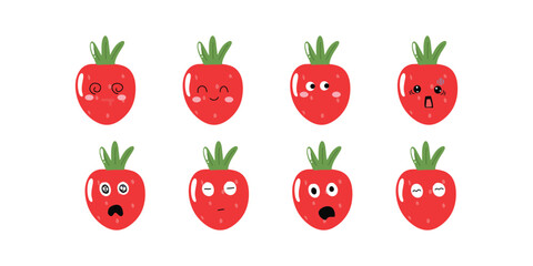 set of kawaii strawberry emoticon sticker isolated on white background. strawberry cute expression face