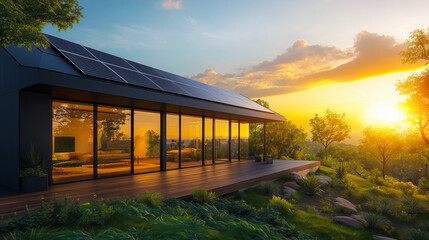 Obraz premium Sleek solar panels glistening on the roof of a modern building under bright sunlight showcasing renewable energy and sustainable architecture