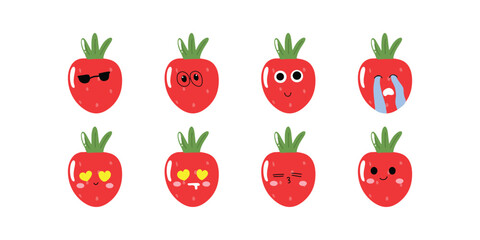 set of kawaii strawberry emoticon sticker isolated on white background. strawberry cute expression face