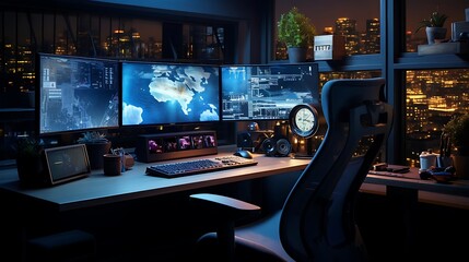 Naklejka premium A modern workspace featuring multiple screens, plants, and a city view at night.
