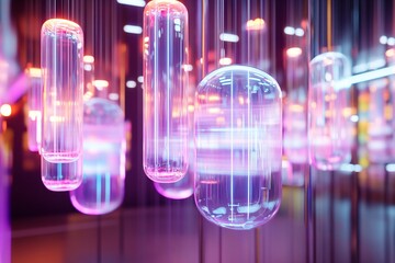 Futuristic Neon Holographic Art Piece Suspended in Air
