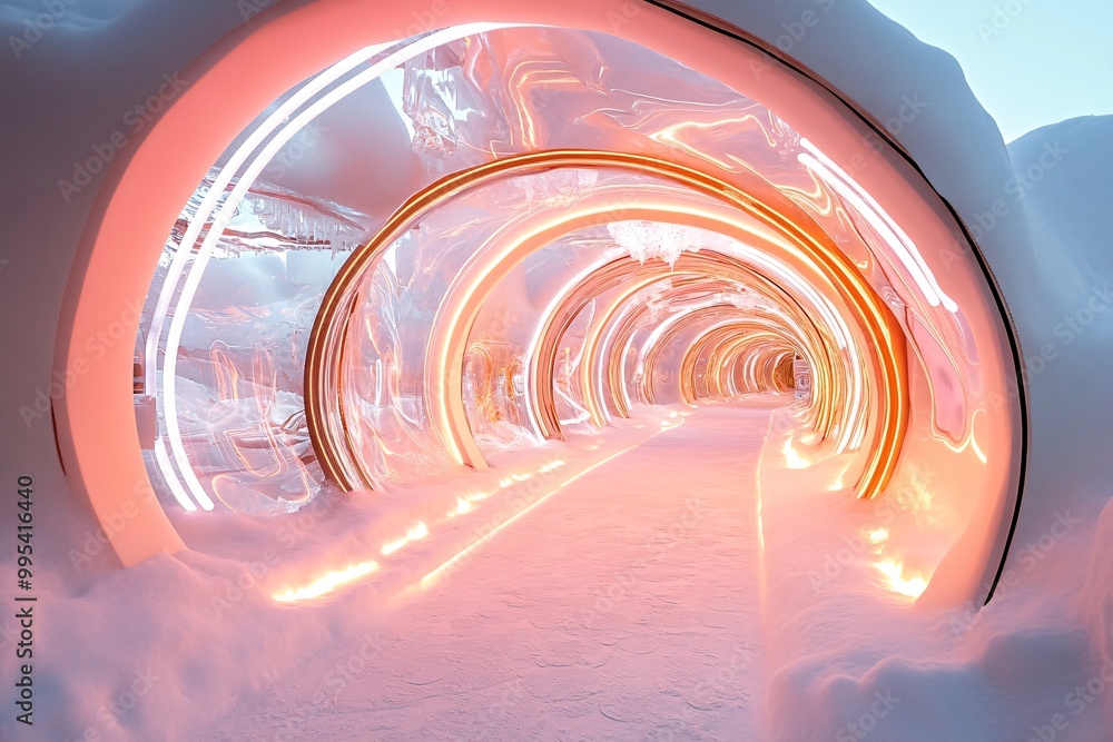 Poster glowing ice tunnel pathway in an enchanted setting