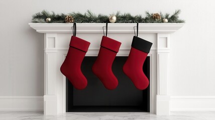 A festive mantel decorated for Christmas, featuring three red stockings hung with care, surrounded by greenery and holiday accents.