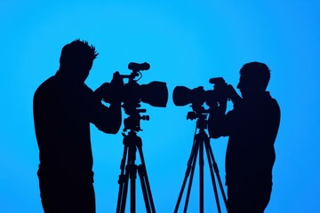 Fototapeta premium Silhouettes of two photographers capturing images with large cameras against a vibrant blue background.