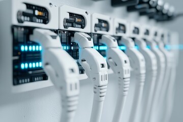 Close up of ethernet ports and connected cables in a modern server room representing digital communication network management and the infrastructure of telecommunication systems