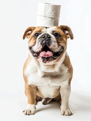 Fototapeta premium A cute and happy Bulldog with a playful expression looking towards the camera, balancing a roll of toilet paper on its head
