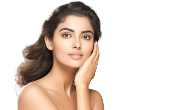 Beautiful indian girl model touching fresh glowing hydrated facial skin on transparent background PNG.