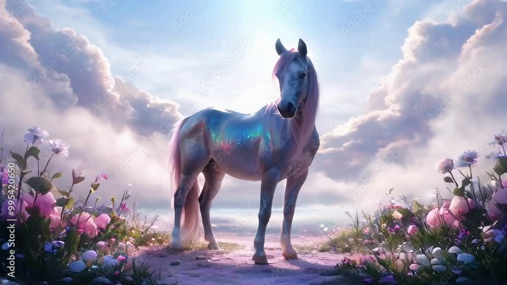 Poster A white, iridescent unicorn stands in a field of colorful flowers.. AI Generation