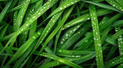 Fototapeta premium Water droplets on grass plants with needle shaped leaves creating a natural backdrop