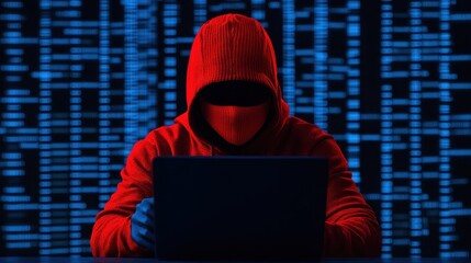 A mysterious figure in a red hoodie uses a laptop, surrounded by digital code, representing cybercrime and hacking themes.