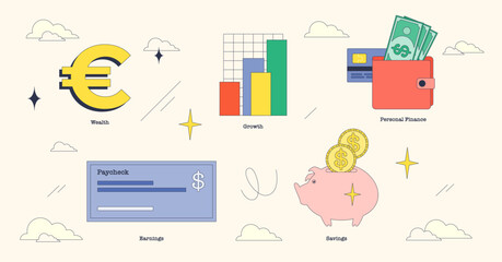 Fototapeta premium Illustration of wealth, growth, and personal finance in neubrutalism style collection.