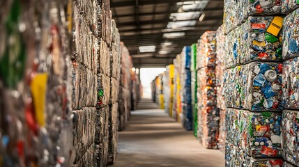 Fototapeta premium Compressed Recycling Material Blocks in an Industrial Storage Facility