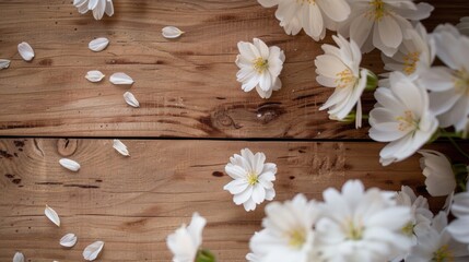Obraz premium White flowers on a brown wooden surface with space for text wildflower petals in frame