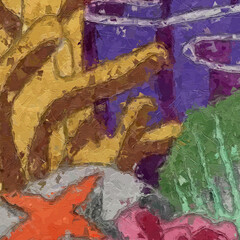 Oil paintings and various flowers, such as spotted deer, tropical leaves, lotus leaves, lotus flowers, and fish